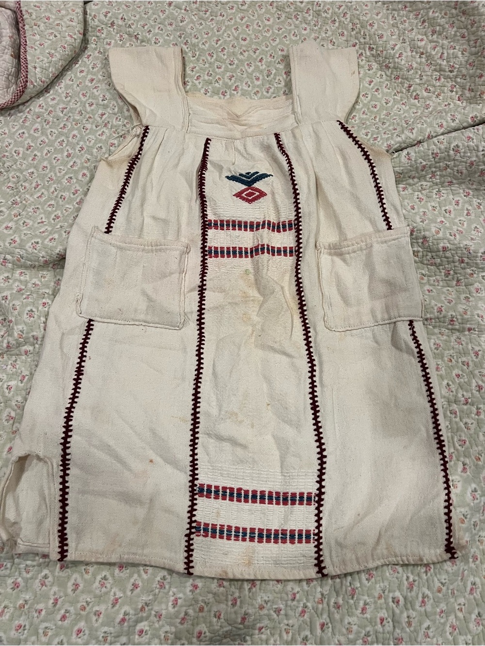 Girls Cream Embroidered Cotton Dress with Red & Blue Accents